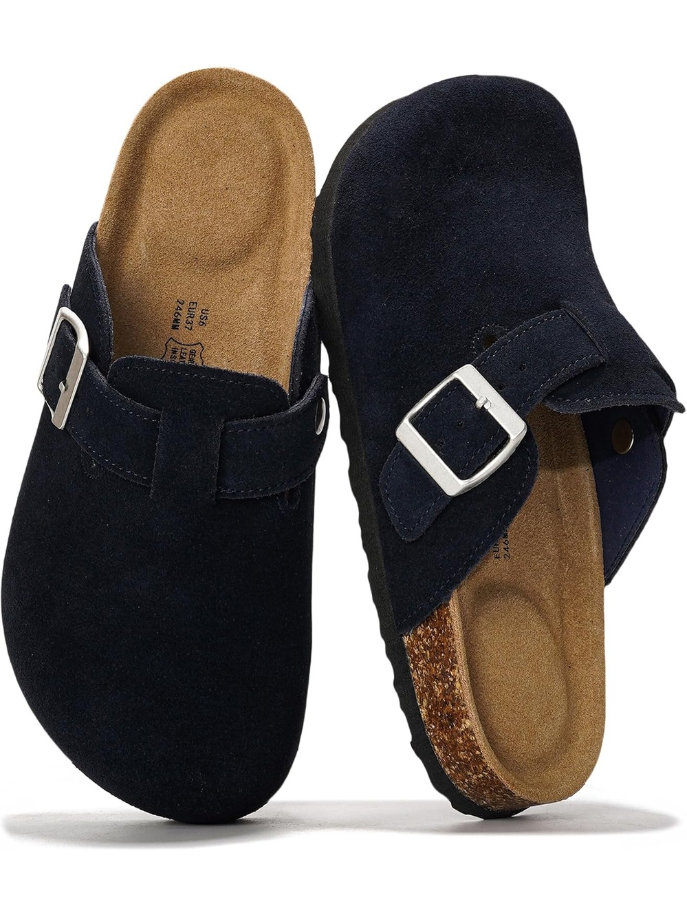 Women's Navy Suede Closed Toe Flat Slip On Benton Footbed Casual Mules Clog
